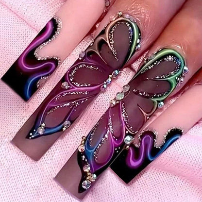 24Pcs Blue Long Coffin Ballet False Nails with Butterfly Rhinestones French Design Fake Nails Full Press on Nail Ins Nail Tips