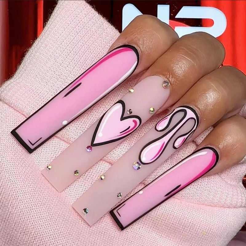 Uñas postizas 3D set prensa en falso ongles largos consejos de ataúd francés de color rosa graffiti manicura de bricure suministros de uñas acrílicas falsas