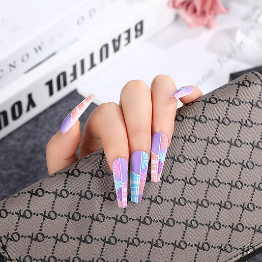 3D fake nails set accessories colorful flowers long french coffin wearing tips faux ongles press on acrylic false nail supplies