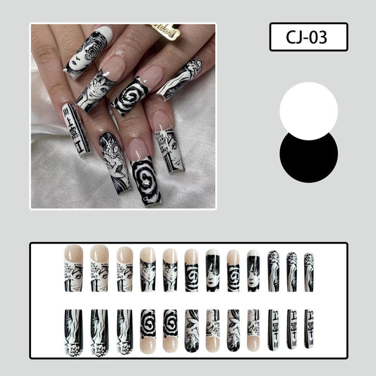 3D Fake Nails Accessories Faux Ongles Y2K MANGA UTSKRIFT Långt franska kista Tips Manikyr Tryck på Akryl False Nail Supplies