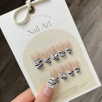 261-275 Number High Quality Zebra Stripe French Handmade False Nails Professional Wearable Press On Nails With Rhinestones