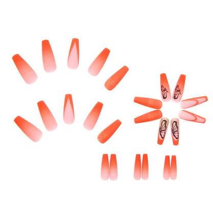 3D ballet fake nails set graident orange french coffin tips with black butterfly gold glitters faux ongles press on false nail