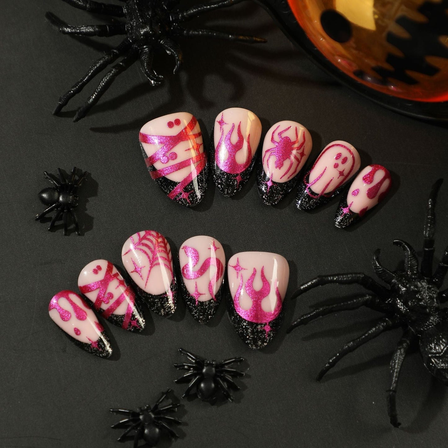 Press On Nails Halloween Black French Style Nail Patches Sparkling Pink Purple Flame Spider Web Nail False Tips Star Awned Snake