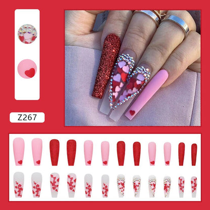 3D fake nails accessories red heart with glitter diamond designs long french coffin tips faux ongles press on false nails set