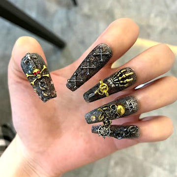 Diseño de calavera Punk Rock, uñas postizas negras, prensa sobre uñas hechas a mano, ataúd largo de Halloween, uñas postizas reutilizables con pegamento, manicura DIY 