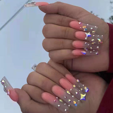 3D nep nagels set glanzende roze lange Franse kistpunten met glitterster diamant faux ongles druk op acryl valse nagelbenodigdheden