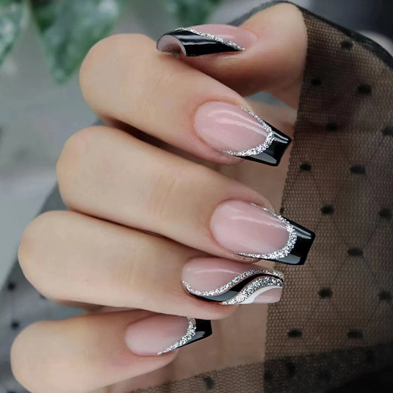 24pcs Silver glitter artificial fake nails with glue sweet cool y2k false nails with designs removeable french press on nails