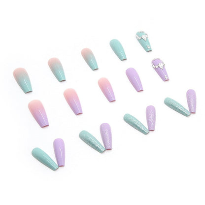 3D fake nails green purple Double Color long french coffin tips with diamond glitters faux ongles press on false nail supplies