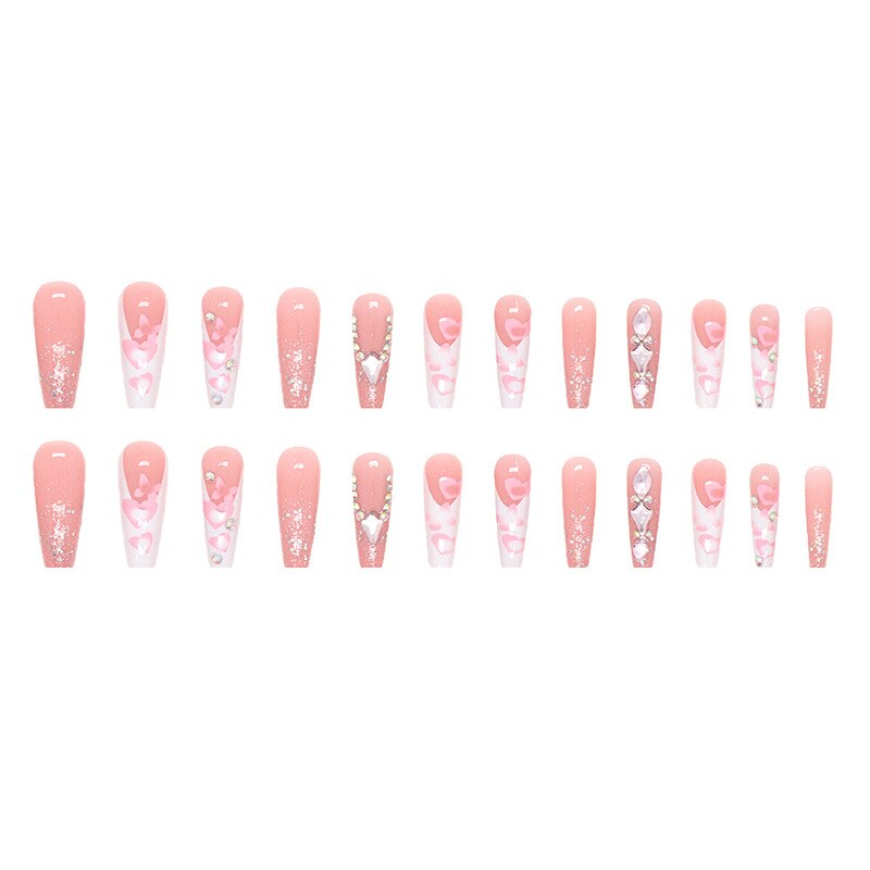 3D fake nails set Pink heart butterfly with glitter diamond long french coffin tips strobe faux ongles press on false nail kit