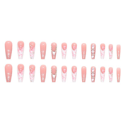 3D fake nails set Pink heart butterfly with glitter diamond long french coffin tips strobe faux ongles press on false nail kit