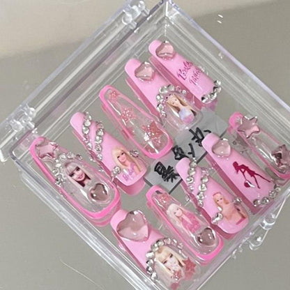 Kawaii Barbie Handmade Nails Patch Stickers Anime Y2K Cartoon Long Coffin Stiletto Wearable Fake Nails Art Manicure Jewelry Gift