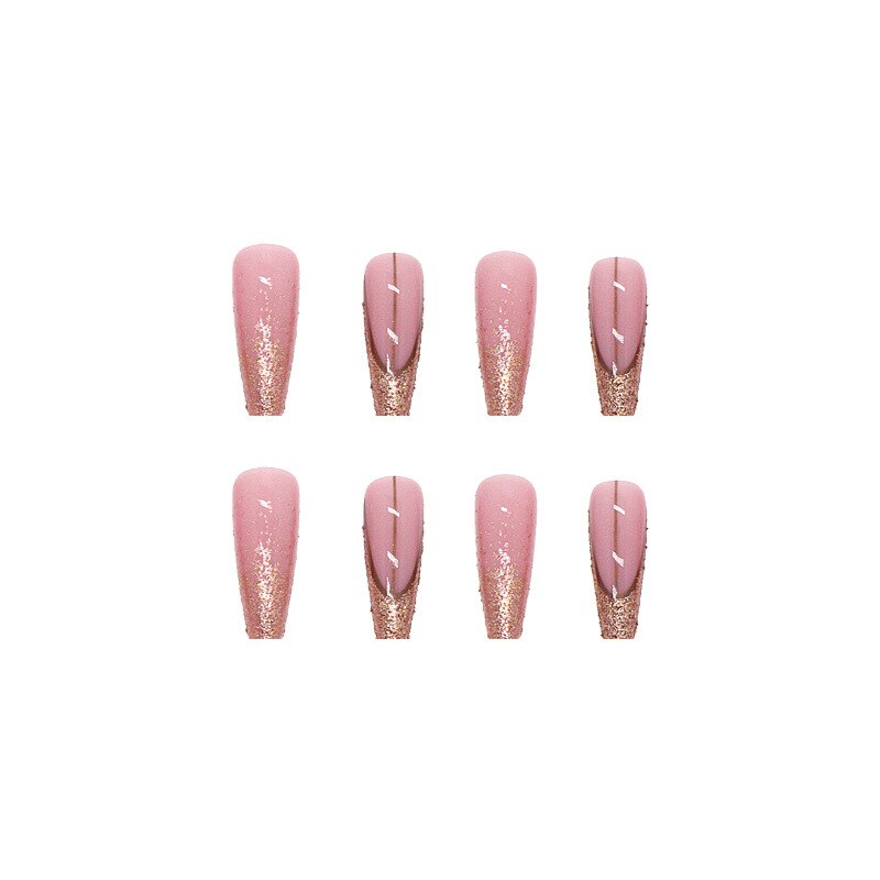 3D strobe ballet fake nails accessories rose gold glitters long french coffin tips faux ongles press on false nail supplies set
