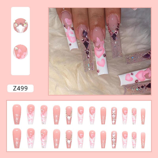 3D nep nagels set roze hart vlinder met glitter diamant lange Franse kist tips stroboscoop faux ongles druk op valse nagelkit