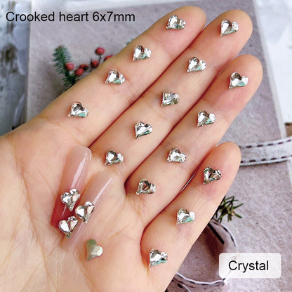 6x7mm Pointed Bottom Mini Crooked Heart Nail Art Rhinestone Crystal Glass All Match 3D Fingernail DIY Decoration 30/100pcs
