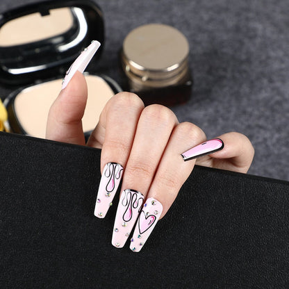 3D fake nails set press on faux ongles long french coffin tips pink heart Graffiti DIY manicure supplies false acrylic nail kit