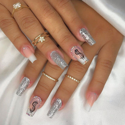 24Pcs Long Coffin False Nails with Glue Wearable Brown Fake Nails with   Rhinestones Ballet Press on Nails Full Cover Nail Tips