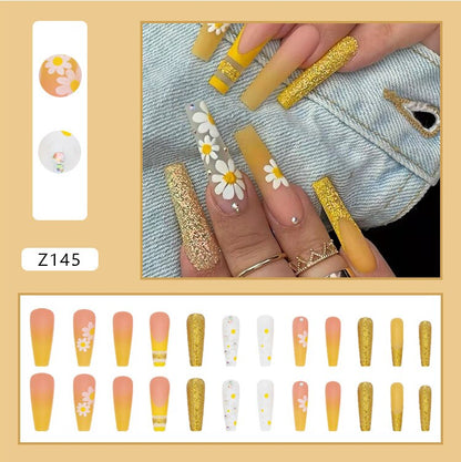 24Pcs/Box Yellow Daisy Long Ballerina Wearable Fake Nails Press on  Full Cover Detachable Finished Fingernails
