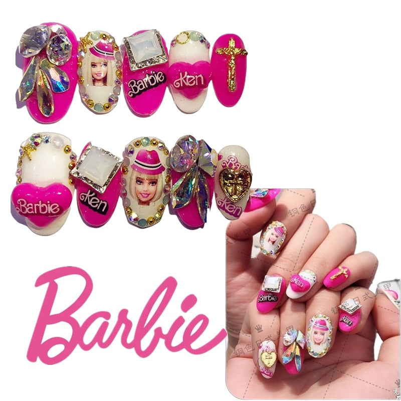 Mode kvinnor färdiga naglar barbie serie handgjorda manikyr fototerapi naglar y2k flickor plysch dollsorter nagel lapp