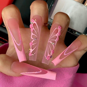 24 piezas/set uñas falsas de mariposa rosa con diseños de diamantes de brillo, puntas de ataúd francesas largas, falsas puestos en suministro de uñas falsas