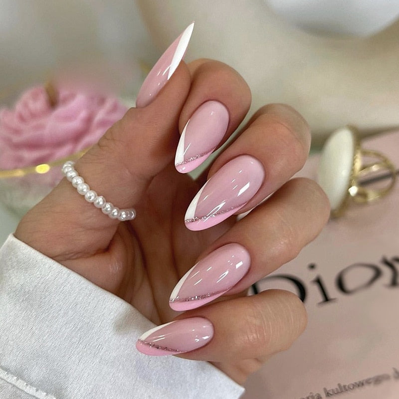 24Pcs Pink Round Head Almond Fake Nails with Heart Shape Rhinestone Wearable Ballerina False Nail Tips Full Cover Press on Nail
