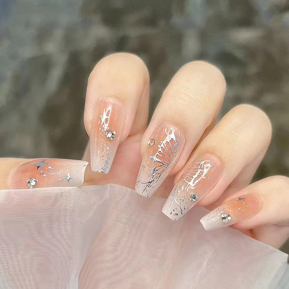 24pcs Wearable Pink Press On Fake Nails Tips With Glue false nails design Butterfly Lovely Girl false nails With Wearing Tools