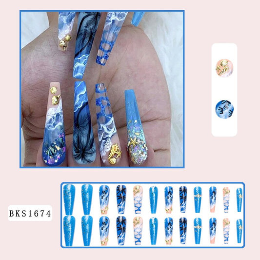 3d stroboscoop nep nagels accessoires handgeschilderd strand dragen lange Franse doodskistpunten met schelpen diamantpers op valse nagelset