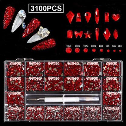 2800/3100PCS Red Pink AB Nail Rhinestones Crystal Decorations Set Nail Stone Drill Pen Manicure Accessories Supplies