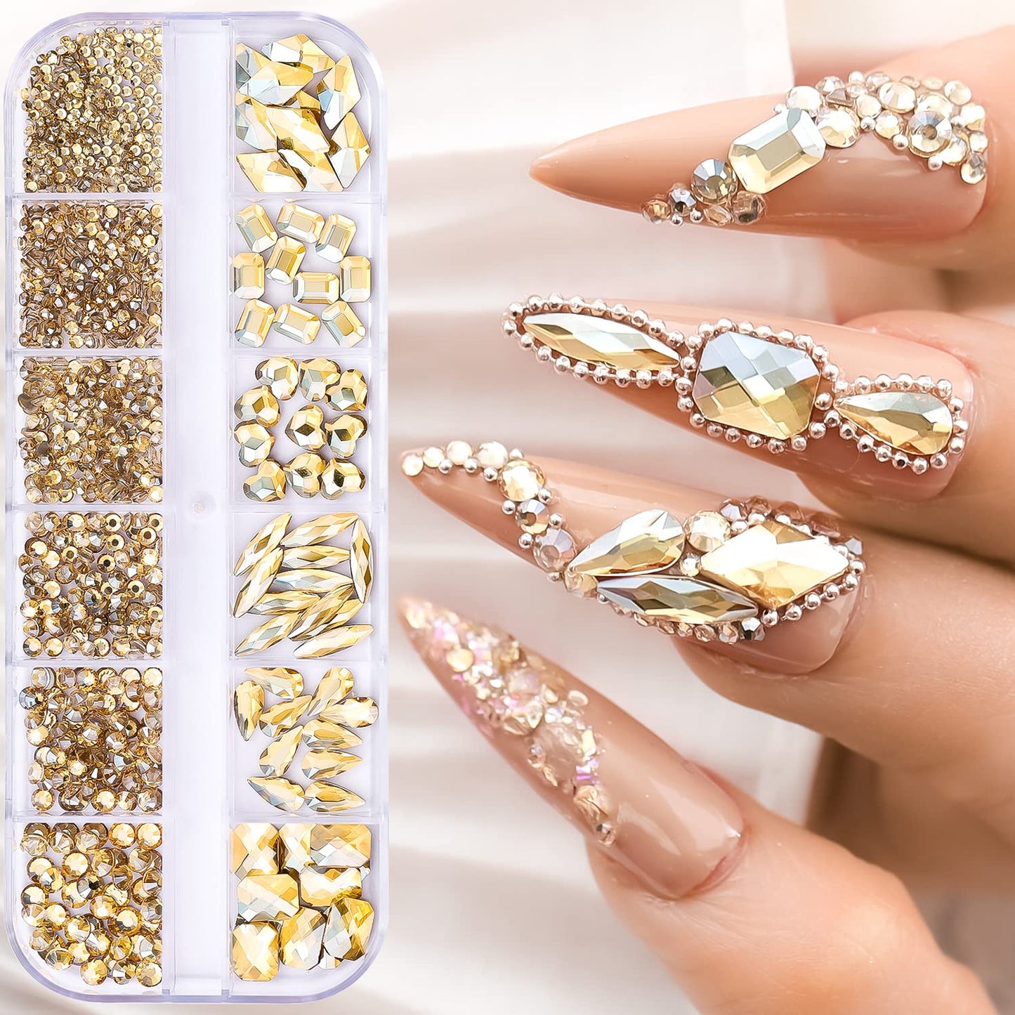 920Pcs Champagne Rhinestones for Nails, Gold Champagne Bling Nail Art Jewelry Flat Back Mixed Sizes Gold-Diamond Gem Stone