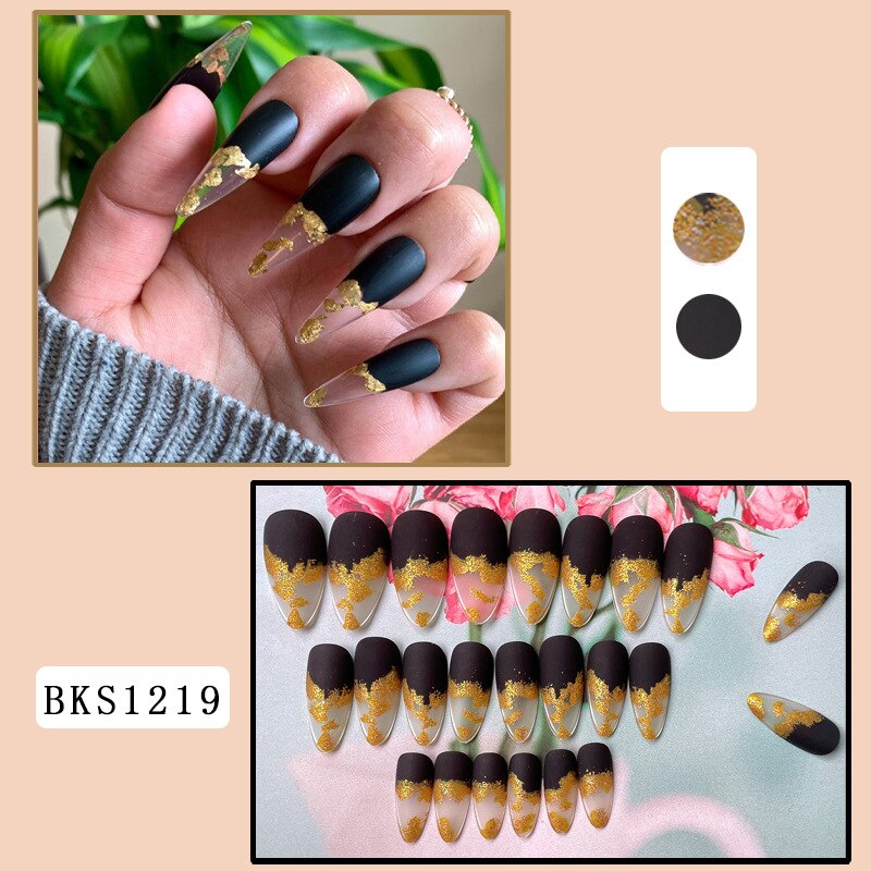 3D fake nails accessories black gold glitters french almond wearing tips faux ongles  press on acrylic false nail set supplies