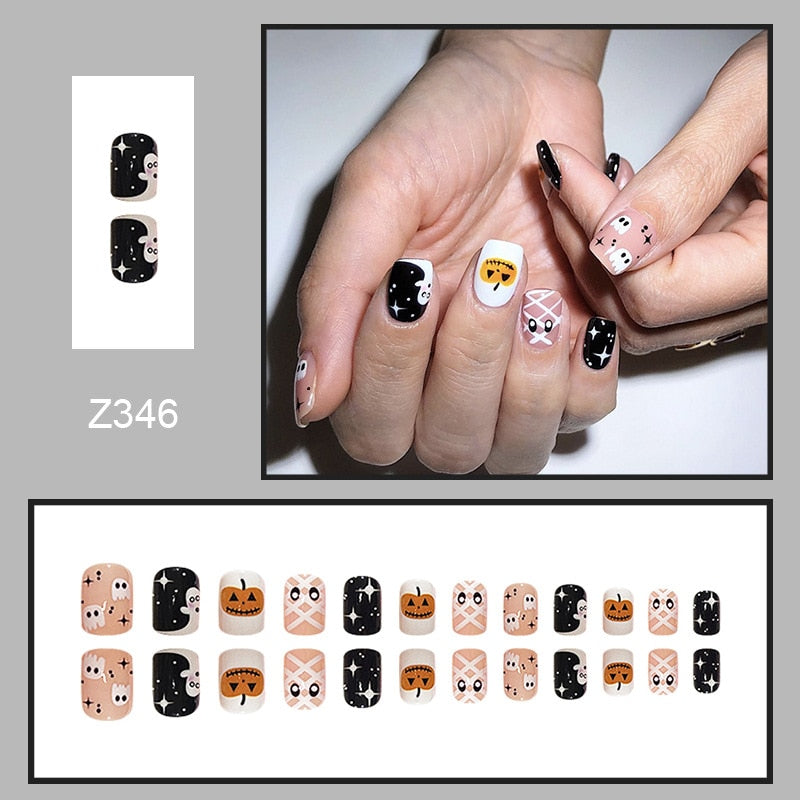 24pcs Sweet Cool Pink Black False Nails Halloween Skull Batch Pattern Design Press On Nail Patch Wearable Artificial Nail Tips