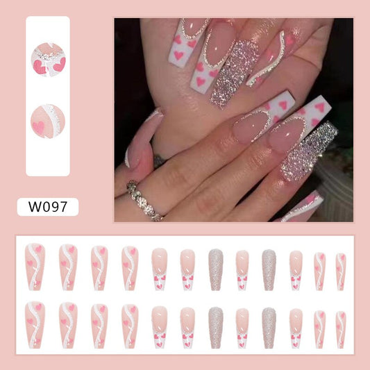Cuore rosa delle unghie finte strobe 3d con design di diamanti glitter flash longi punte della bara francese finta pressione sul set di unghie falsi