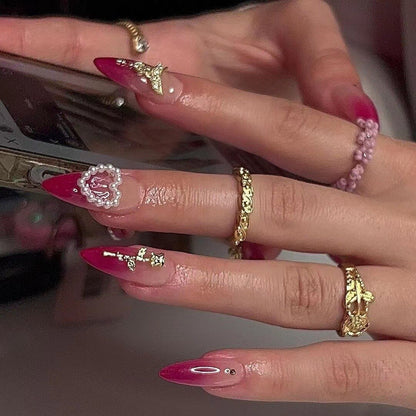 24Pcs Pink Round Head Almond Fake Nails with Heart Shape Rhinestone Wearable Ballerina False Nail Tips Full Cover Press on Nail
