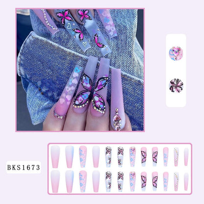 3D fake nails accessories rainbow butterfly with diamond glitters design long french coffin tips faux ongles press on false nail