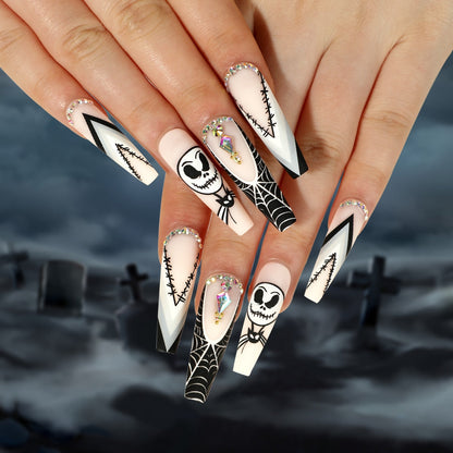24Pcs Halloween Black Ghost Long Ballet False Nails With Heart Blood Design Halloween Press On Nails Detachable Full Cover Nails