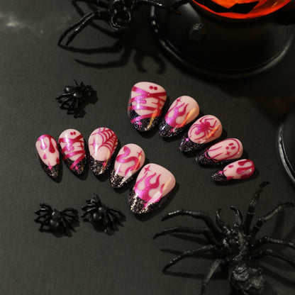 Press On Nails Halloween Black French Style Nail Patches Sparkling Pink Purple Flame Spider Web Nail False Tips Star Awned Snake