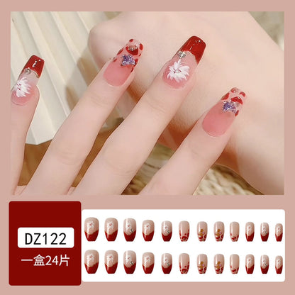 24Pcs Full Cover Fake Nails with 3D White Flower Design Full Cover Press on Fingernails Tips Coffin Head Glitter Red False Nails