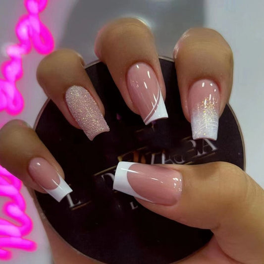 24 -st fal nagel volledige deksel nep nagel elegante roze gradiënt glitter Franse korte nagels kist kort valse nagelpers op nagels
