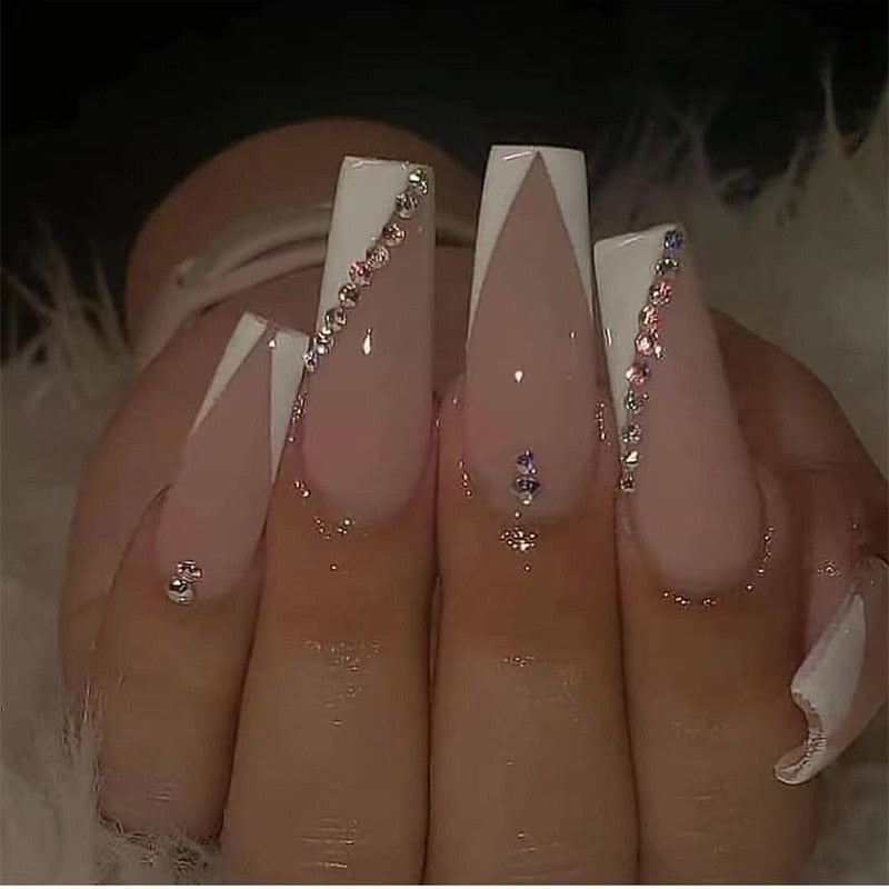 24Pcs Pink French False Nails French with Rhinestone Acrylic Fake Nail Tips Detachable Coffin Press on Nails Full Cover Manicure