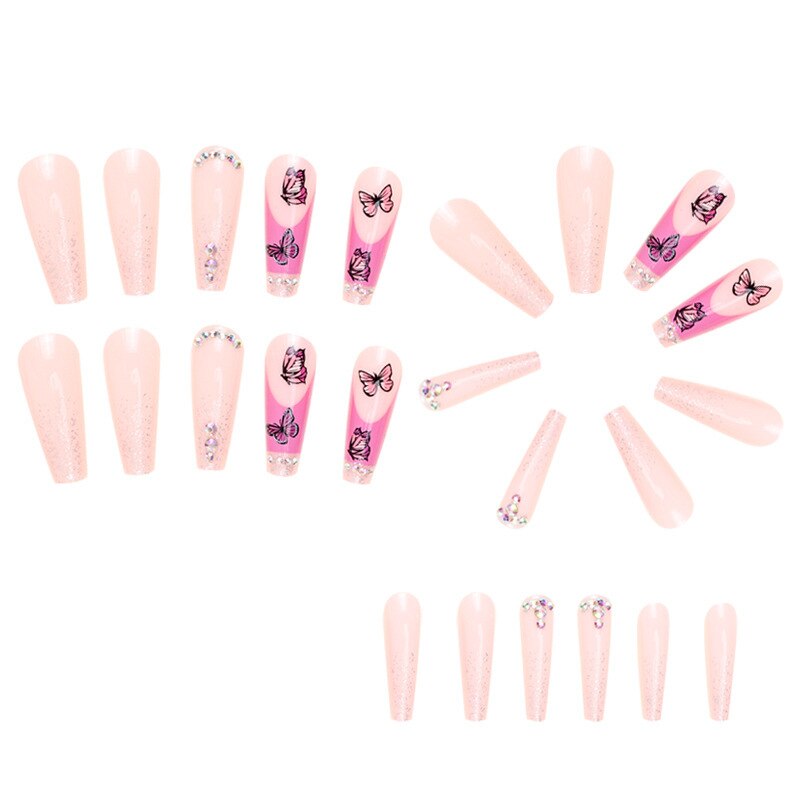 3D fake nails accessories long french coffin tips with red butterfly diamond glitter designs faux ongles press on false nail set