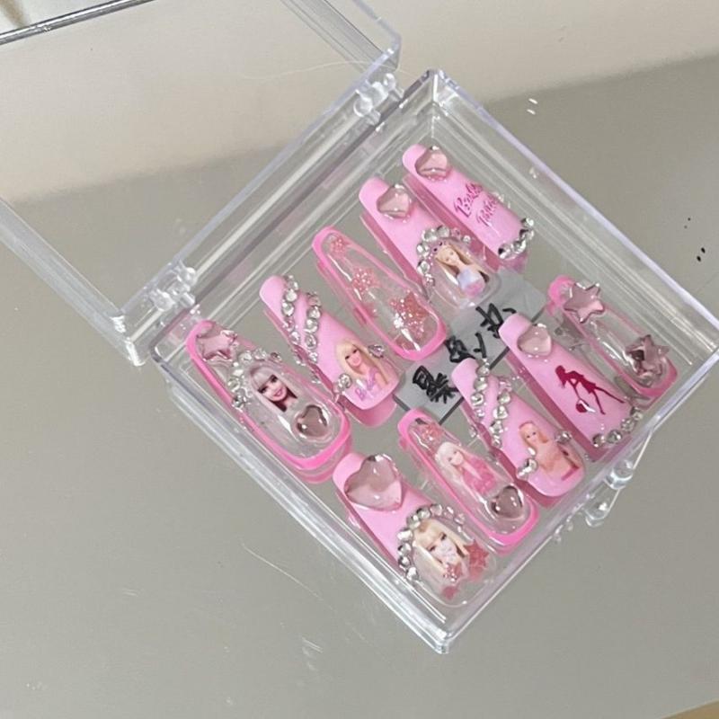 Kawaii Barbie Handmade Nails Patch Stickers Anime Y2K Cartoon Long Coffin Stiletto Wearable Fake Nails Art Manicure Jewelry Gift