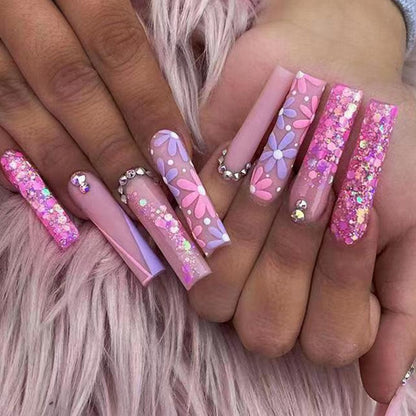 3D strobe fake nails Pink purple flowers with glitter diamond flakes long french coffin tips faux ongles press on false nail set