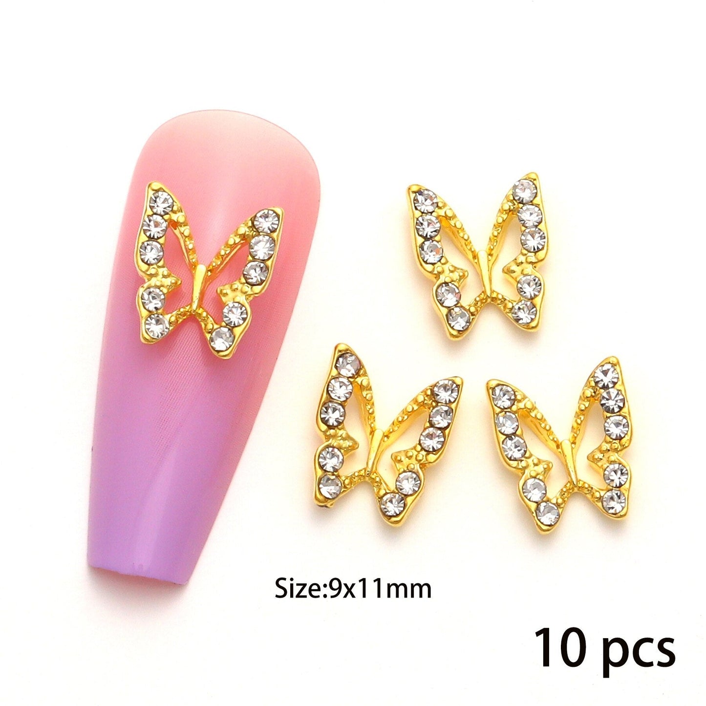 10 Pcs/pack Butterfly Alloy Nail Charms 3D Butterfly Zircon Diamond Rhinestone Nails Jewelry DIY Nail Art Decoration Accessories