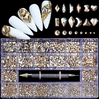 Mixed AB Glass Crystal Diamond Flat Rhinestone Nail Art Decoration 21 Grid Box Nails Accessories Set With 1 Pick Up Pen