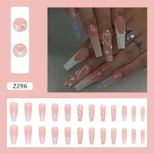3D -Strobum gefälschte Nägel Set Diamond Glitter Herz nackt rosa französische lange Sargspitzen Faux Ongles Drücken Sie auf falsche Nagelversorgungen Kit Kit