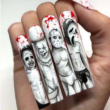 24 piezas Halloween extra prensa larga en uñas ataúd uñas falsas acrílicas diseños de payaso blanco blanco uñas artificiales brillantes para mujeres