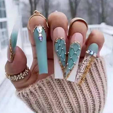 3D Ballet Fake Nails Set Summer Green Heart With Glitter Diamond Designs Long French Coffin Tips Faux Ongles Press On False Nail