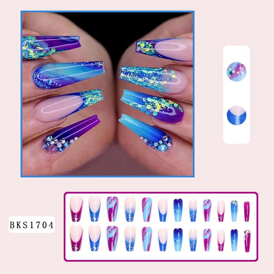 Accesorios de uñas postizas estroboscópicas 3D Gradiente Púrpura azul con destellos Flash Diamond Designs Faux Ongles Press en el juego de uñas falsas