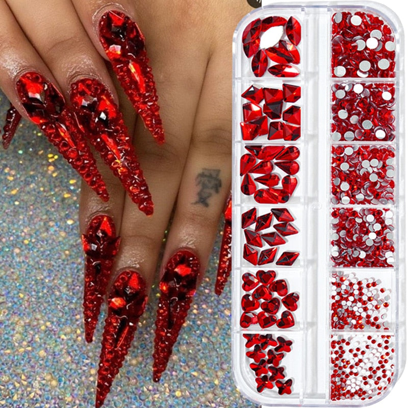 1000pcs Valentine&#39;s Day RED Rhinestone 12 Grid FlatBack Mixed-Size Nail Crystal DIY Non-Hotfix 3D Red Manicure Diamond ZB-2023