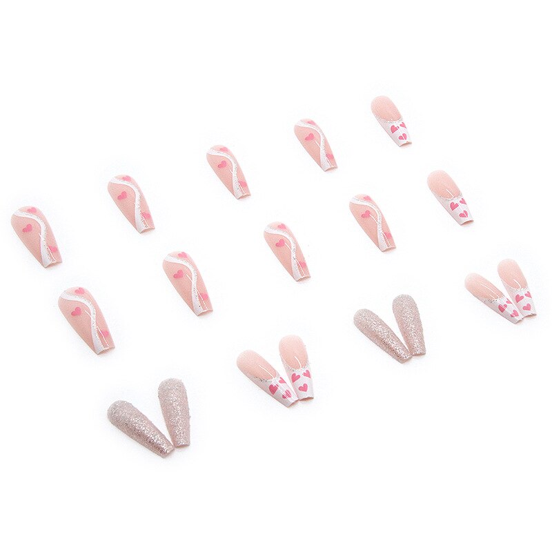 3D strobe fake nails pink heart with flash glitter diamond designs long french coffin tips faux ongles press on false nail set