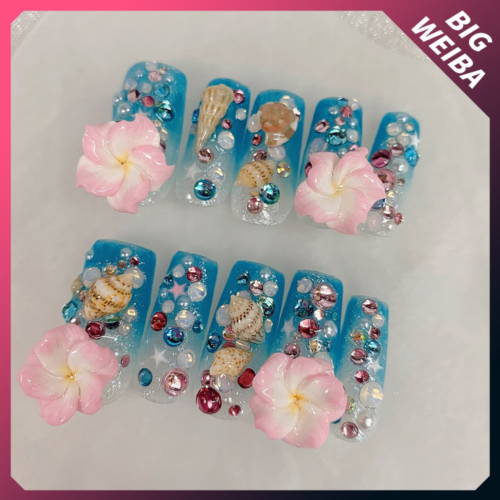 Summer Beach Travel Holiday Hello Kitty Conch Nails Girl Blue Youth Handwork Customizable Fake Nails Daughter Sister Gift